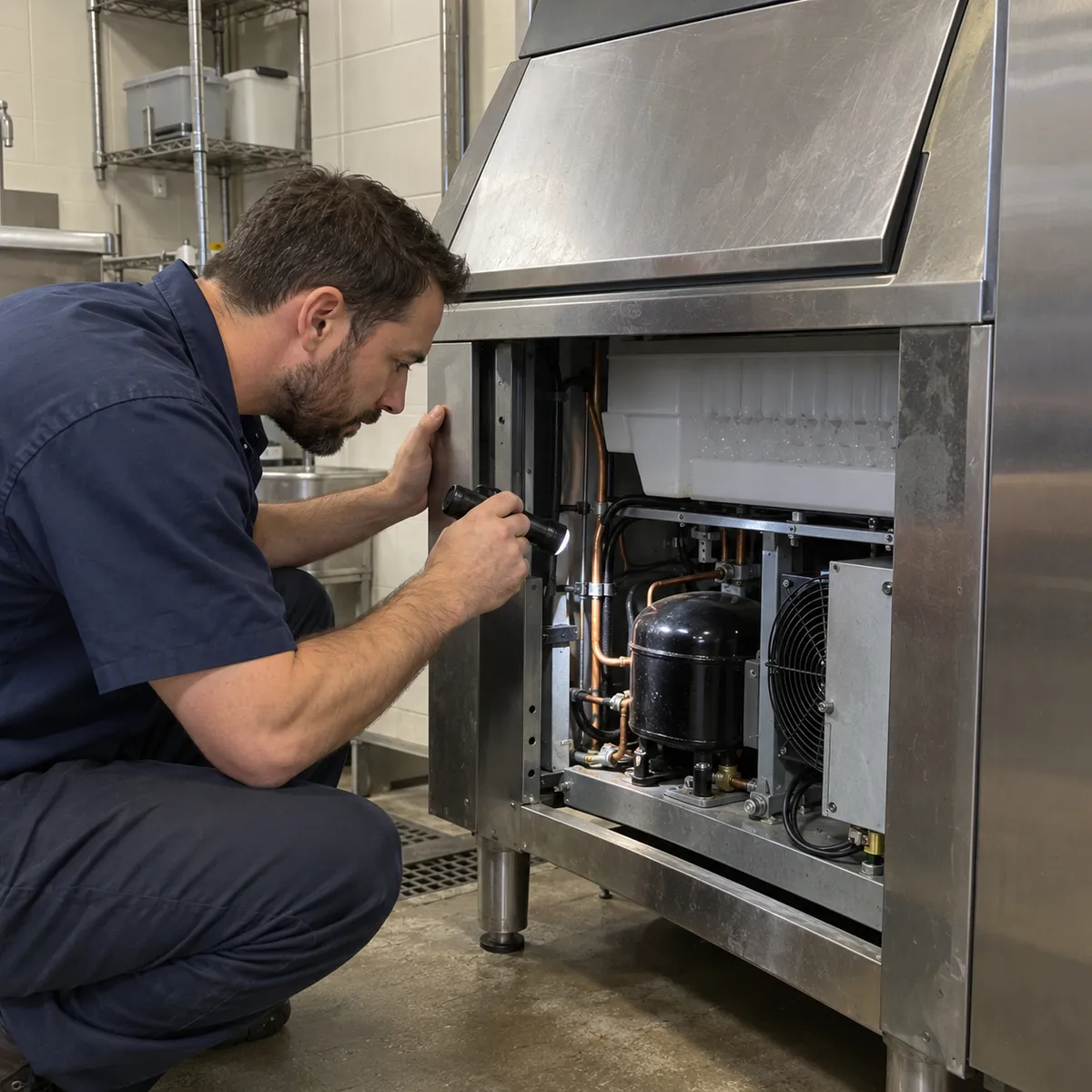 Técnico realizando mantenimiento de una máquina de hielo
